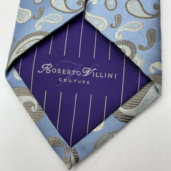 ROBERTO VILLINI Couture Seven Fold Men Silk Tie Necktie Blue Jacquard Paisley - Picture 4 of 6